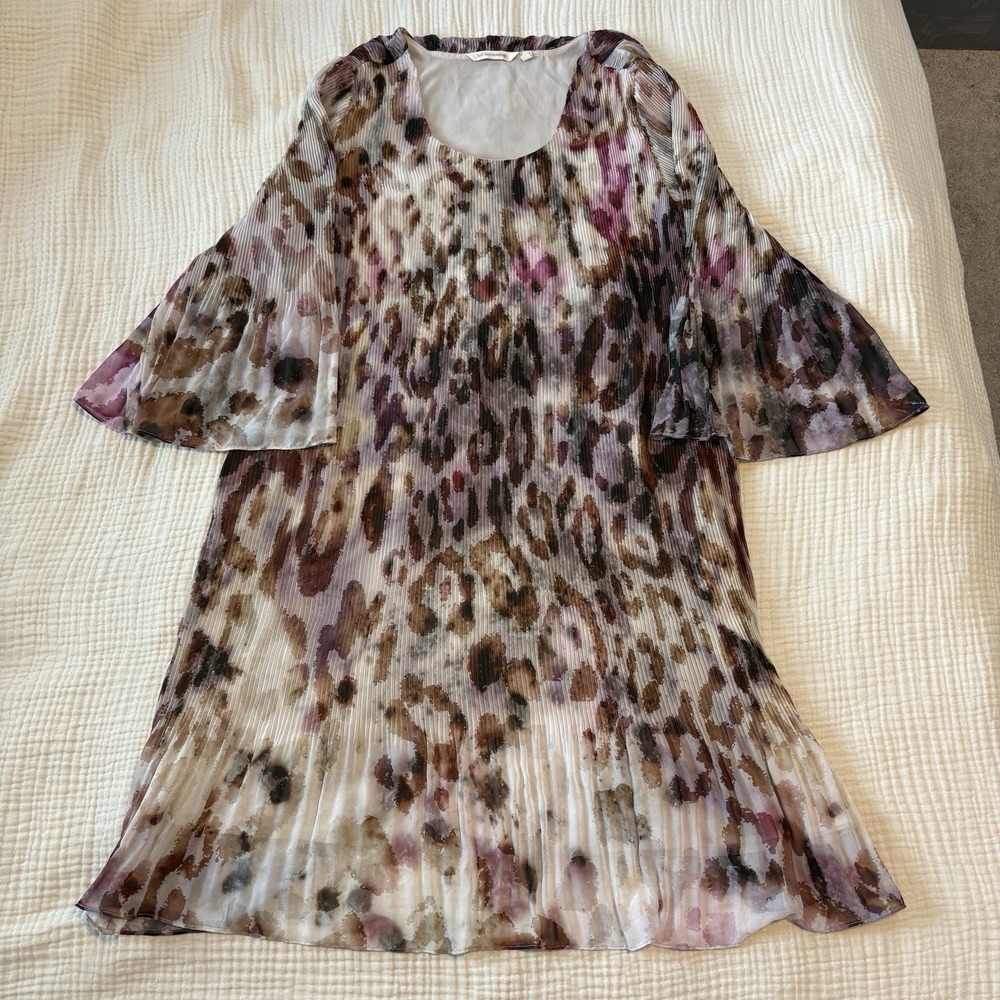 Soft Surroundings Ballia Dress Sz XL Pleated Chiffon Animal 3/4 Sleeve Brown